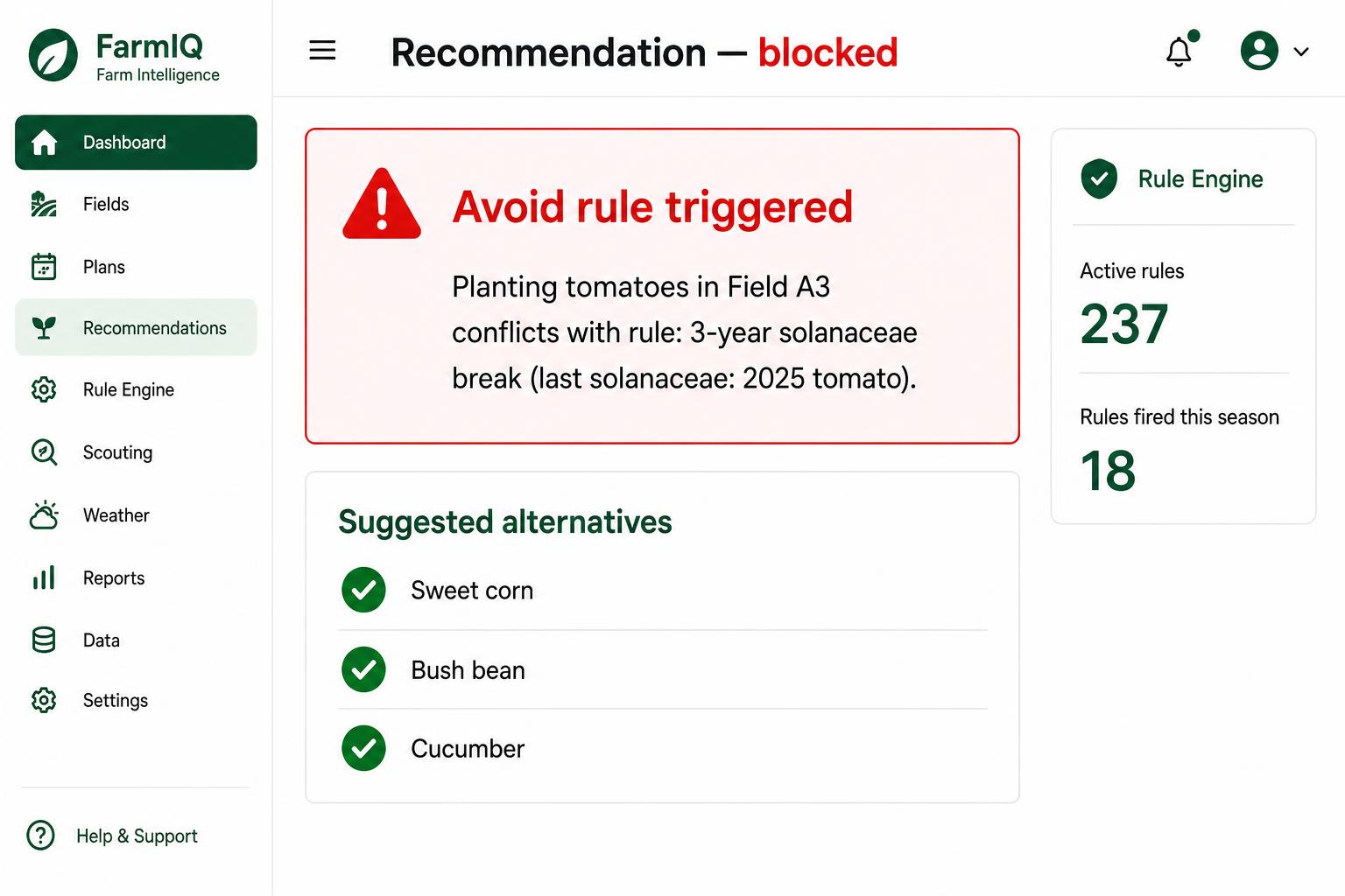 Screenshot of a blocked recommendation showing a triggered avoid-rule and suggested alternative crops.